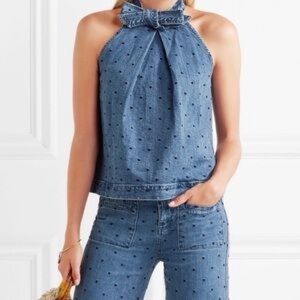 ULLA JOHNSON Mako Embroidered Polka-dot Denim Top In Indigo